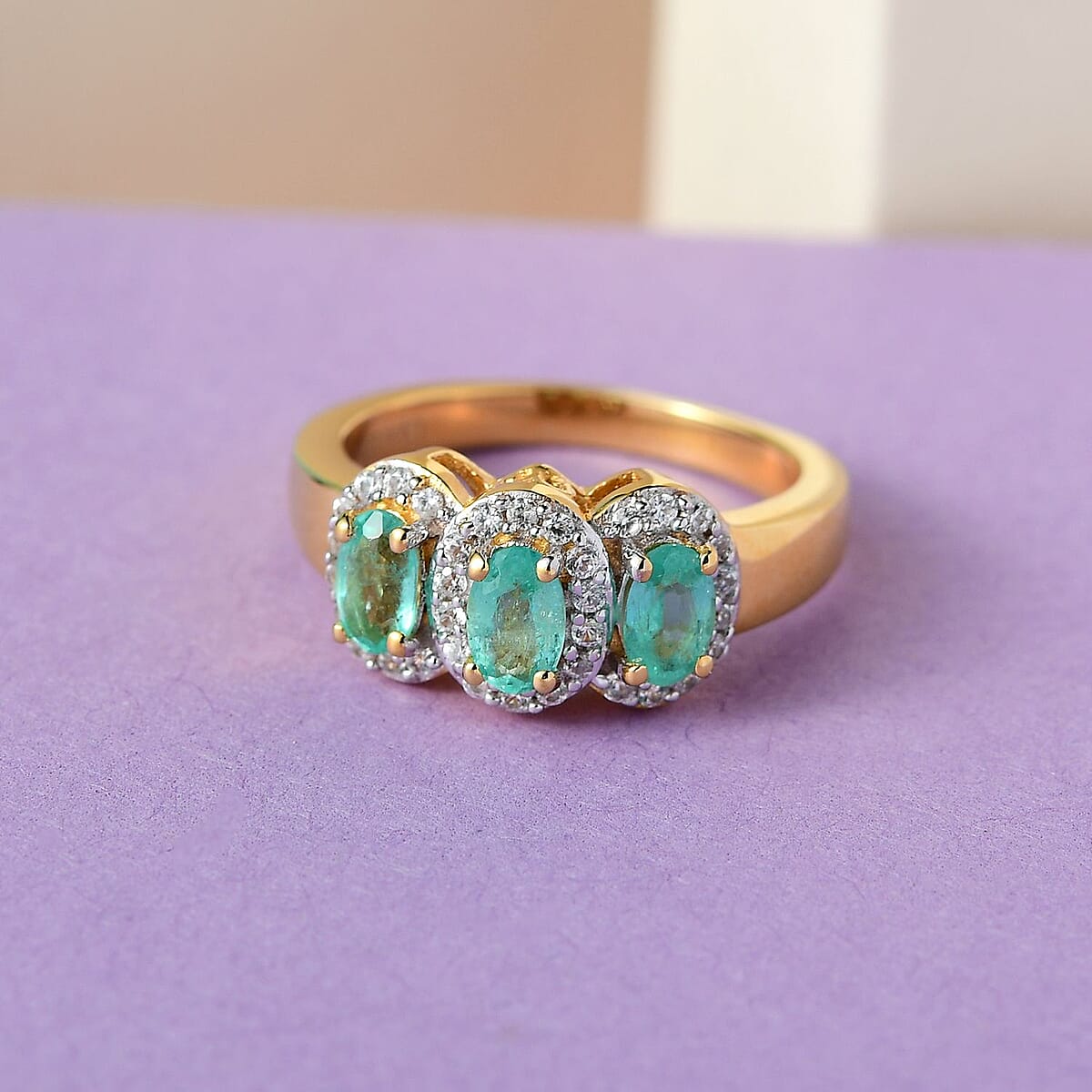 D'Joy Boyaca Colombian Emerald and Natural White Zircon Trilogy Ring in Vermeil Yellow Gold Over Sterling Silver (Size 7.0) 1.00 ctw image number 1