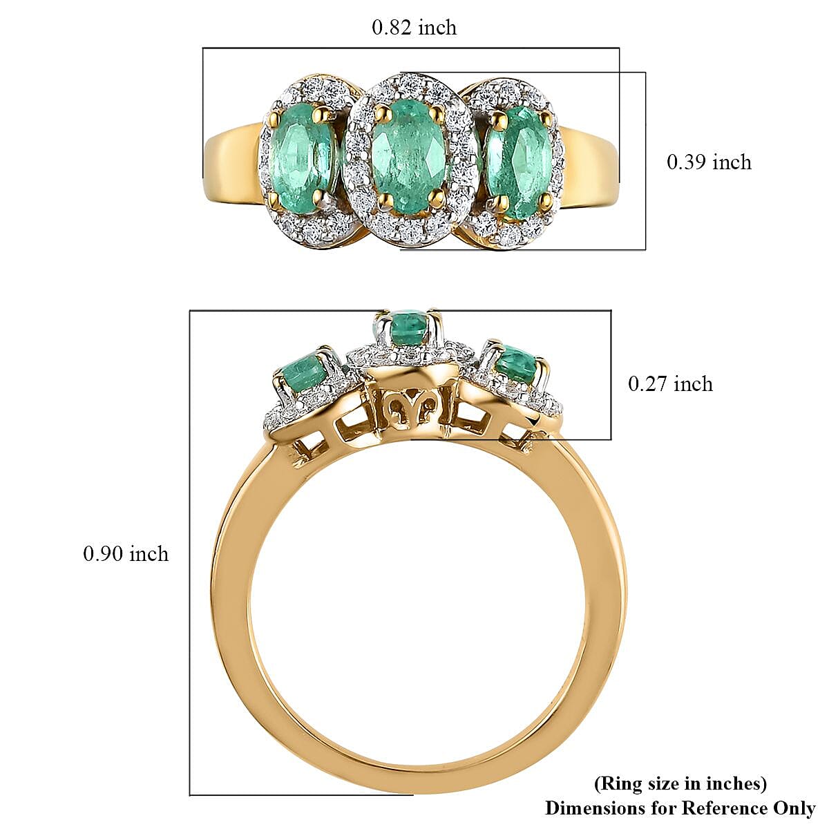 D'Joy Boyaca Colombian Emerald and Natural White Zircon Trilogy Ring in Vermeil Yellow Gold Over Sterling Silver (Size 7.0) 1.00 ctw image number 5