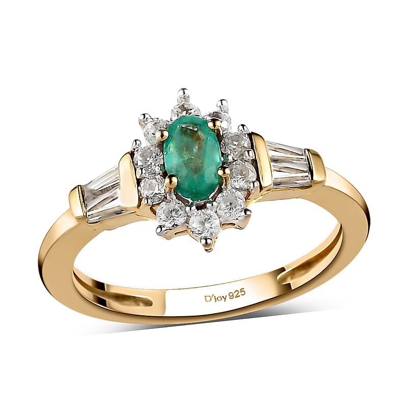 Boyaca Colombian Emerald and White Zircon Sunburst Ring in Vermeil Yellow Gold Over Sterling Silver (Size 10.0) 0.75 ctw