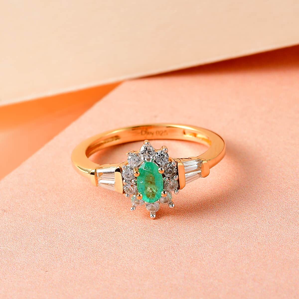 Boyaca Colombian Emerald and Natural White Zircon Sunburst Ring in Vermeil Yellow Gold Over Sterling Silver 0.75 ctw image number 1