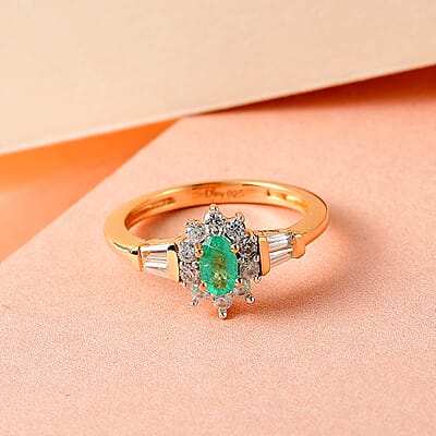Boyaca Colombian Emerald and White Zircon Sunburst Ring in Vermeil Yellow Gold Over Sterling Silver (Size 10.0) 0.75 ctw