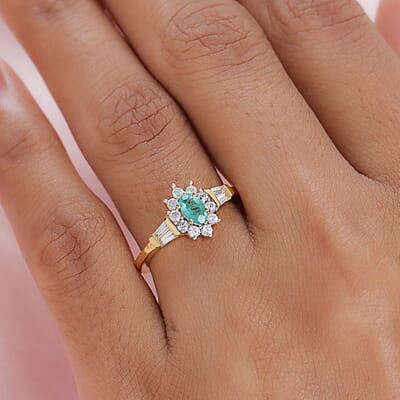 Boyaca Colombian Emerald and White Zircon Sunburst Ring in Vermeil Yellow Gold Over Sterling Silver (Size 10.0) 0.75 ctw