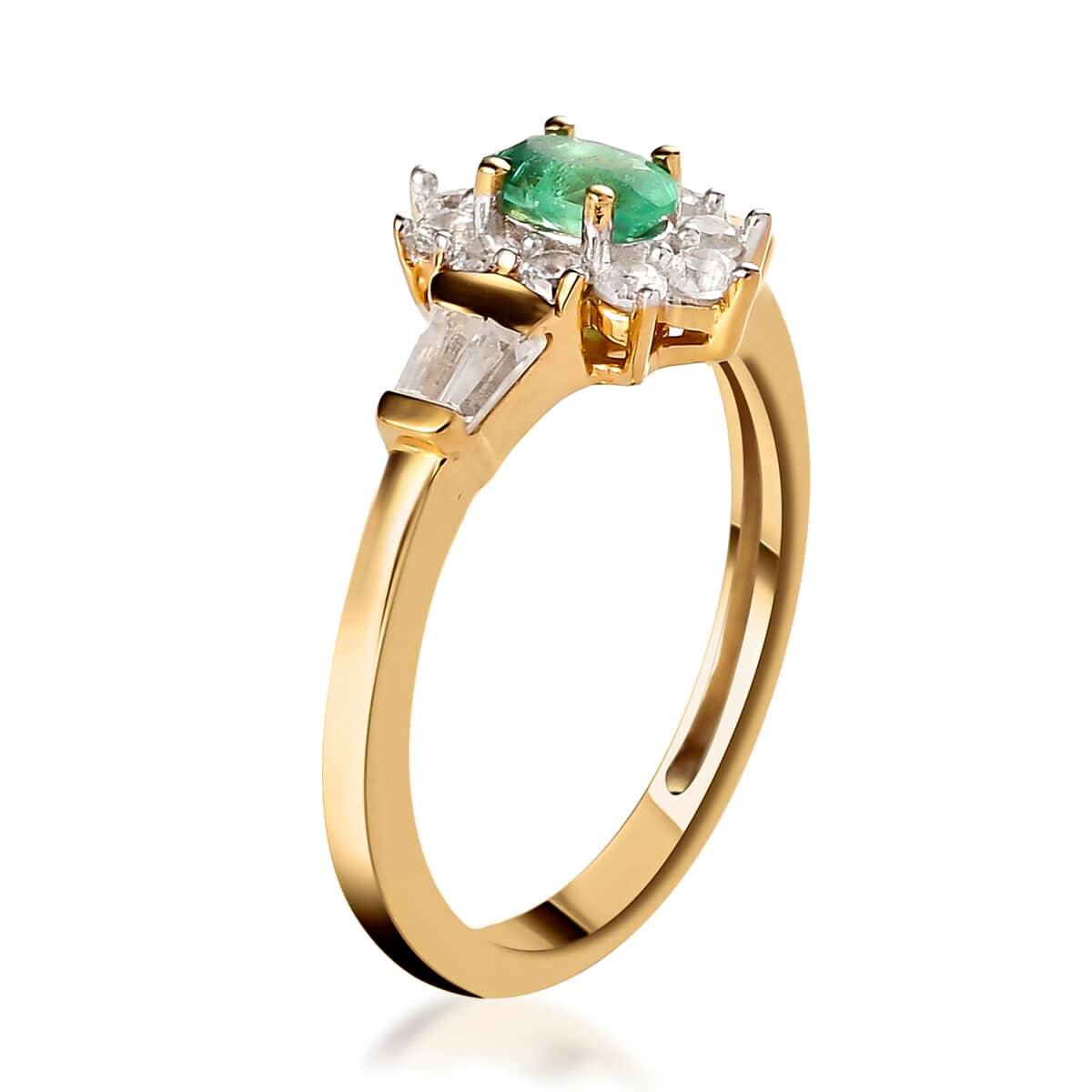 Boyaca Colombian Emerald and Natural White Zircon Sunburst Ring in Vermeil Yellow Gold Over Sterling Silver 0.75 ctw image number 3