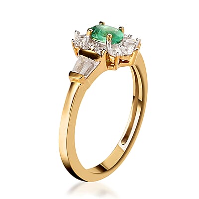 Boyaca Colombian Emerald and White Zircon Sunburst Ring in Vermeil Yellow Gold Over Sterling Silver (Size 10.0) 0.75 ctw
