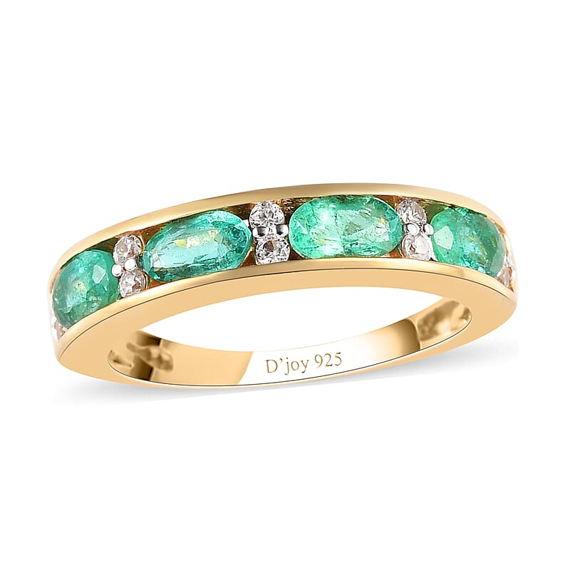 Boyaca Colombian Emerald and Natural White Zircon Half Eternity Band Ring in Vermeil Yellow Gold Over Sterling Silver (Size 10.0) 1.00 ctw