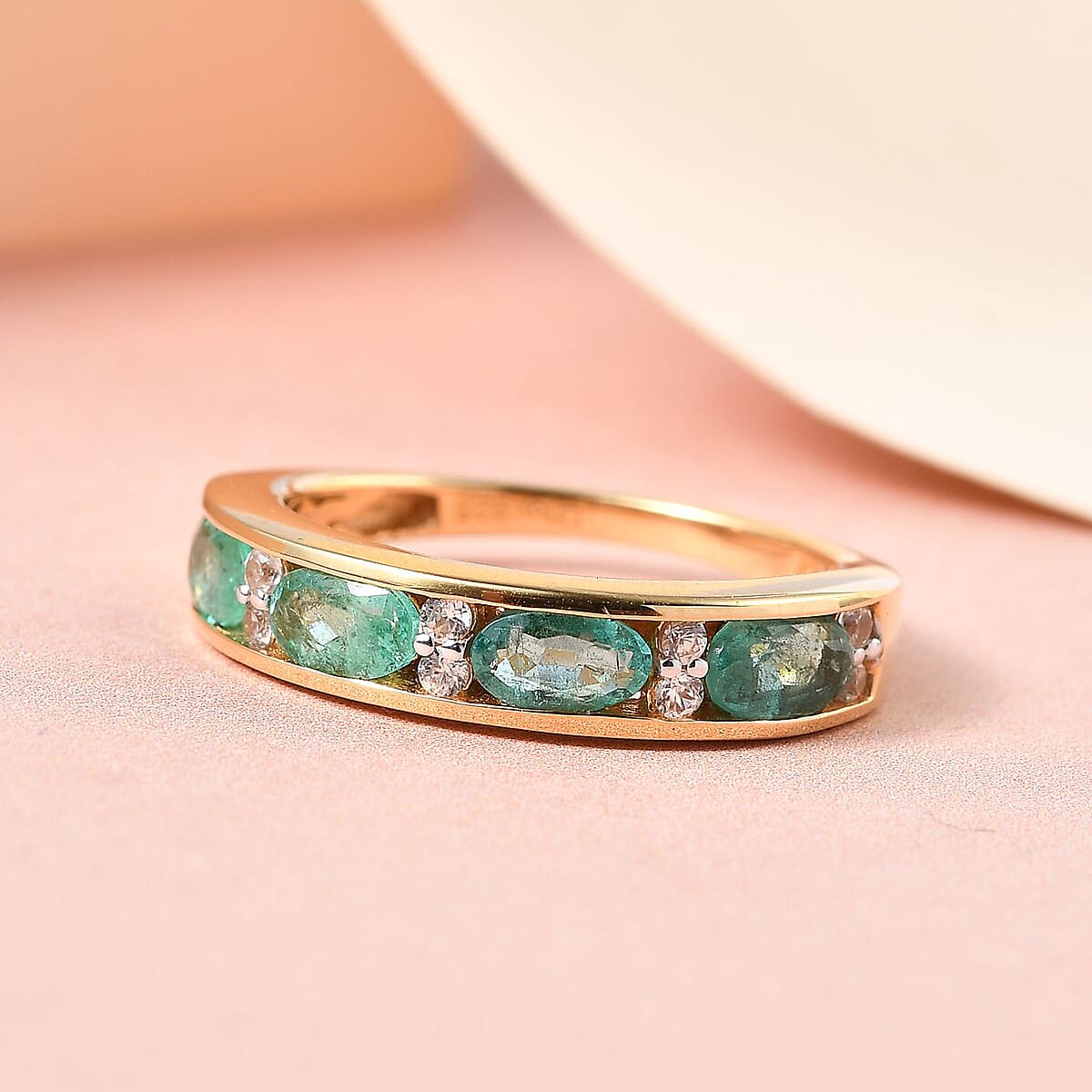 Boyaca Colombian Emerald and Natural White Zircon Half Eternity Band Ring in Vermeil Yellow Gold Over Sterling Silver (Size 7.0) 1.00 ctw image number 1