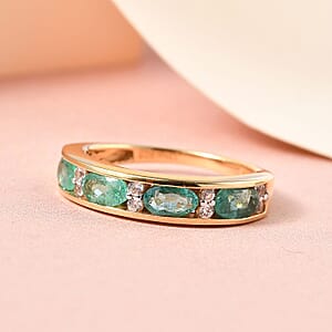 Boyaca Colombian Emerald and Natural White Zircon Half Eternity Band Ring in Vermeil Yellow Gold Over Sterling Silver (Size 7.0) 1.00 ctw