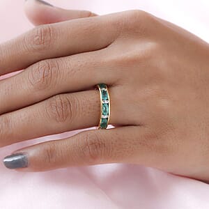 Boyaca Colombian Emerald and Natural White Zircon Half Eternity Band Ring in Vermeil Yellow Gold Over Sterling Silver (Size 7.0) 1.00 ctw