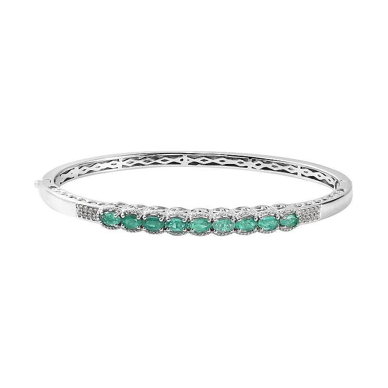 Boyaca Colombian Emerald and White Zircon Bangle Bracelet in Platinum Over Sterling Silver (7.25 in) 1.70 ctw