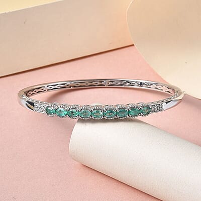 Boyaca Colombian Emerald and White Zircon Bangle Bracelet in Platinum Over Sterling Silver (7.25 in) 1.70 ctw