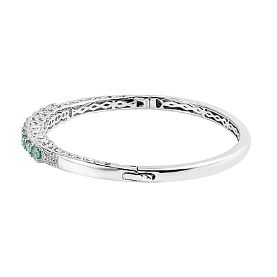 Boyaca Colombian Emerald and White Zircon Bangle Bracelet in Platinum Over Sterling Silver (7.25 in) 1.70 ctw