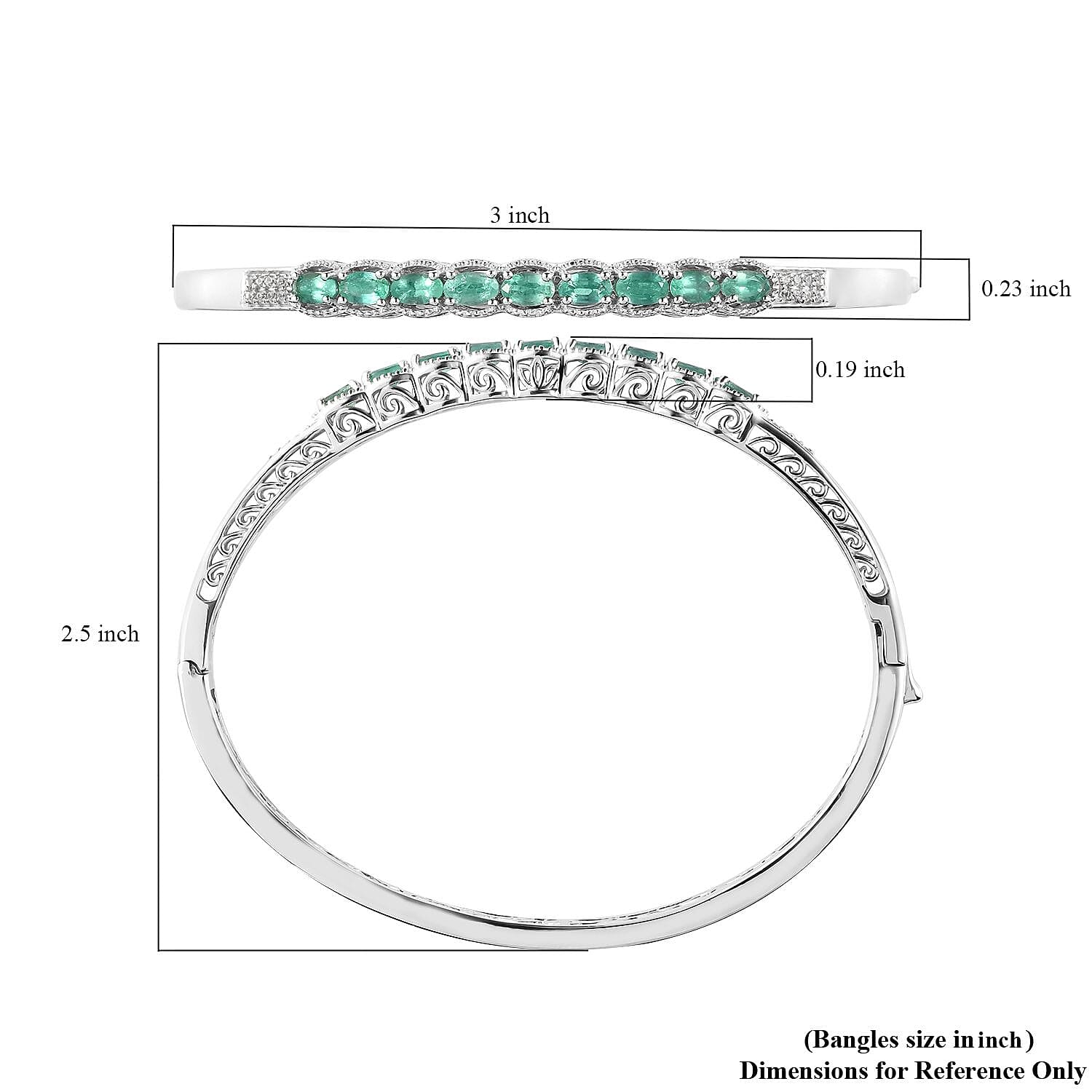 Boyaca Colombian Emerald and White Zircon Bangle Bracelet in Platinum Over Sterling Silver (7.25 in) 1.70 ctw