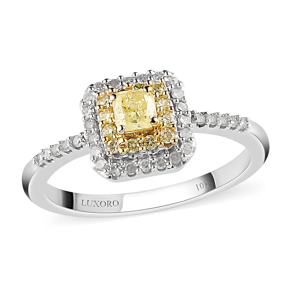 Luxoro 10K White Gold Natural Yellow and White Diamond I3 Double Halo Ring (Size 9.0) 0.50 ctw image number 0