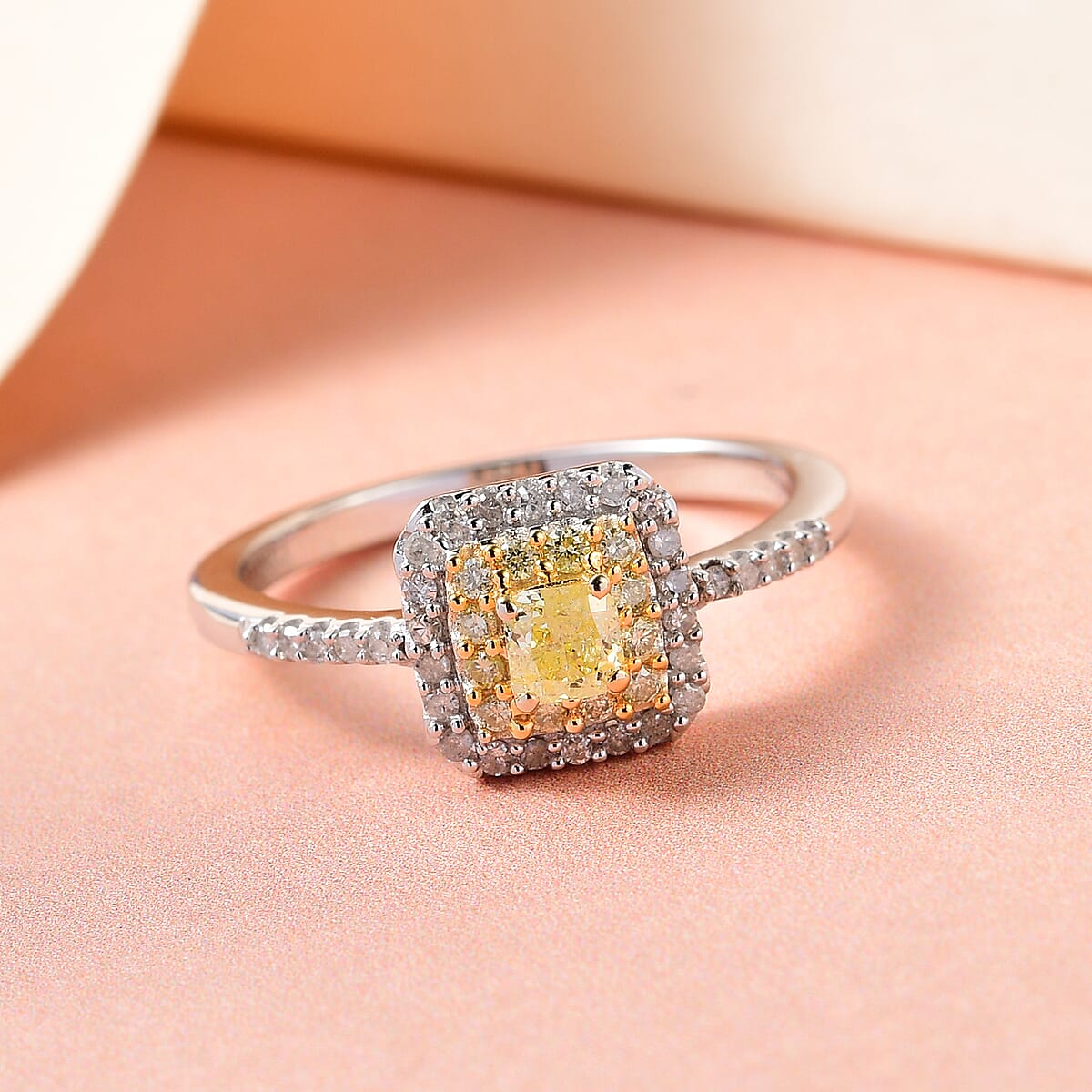 Luxoro 10K White Gold Natural Yellow and White Diamond I3 Double Halo Ring (Size 9.0) 0.50 ctw image number 1