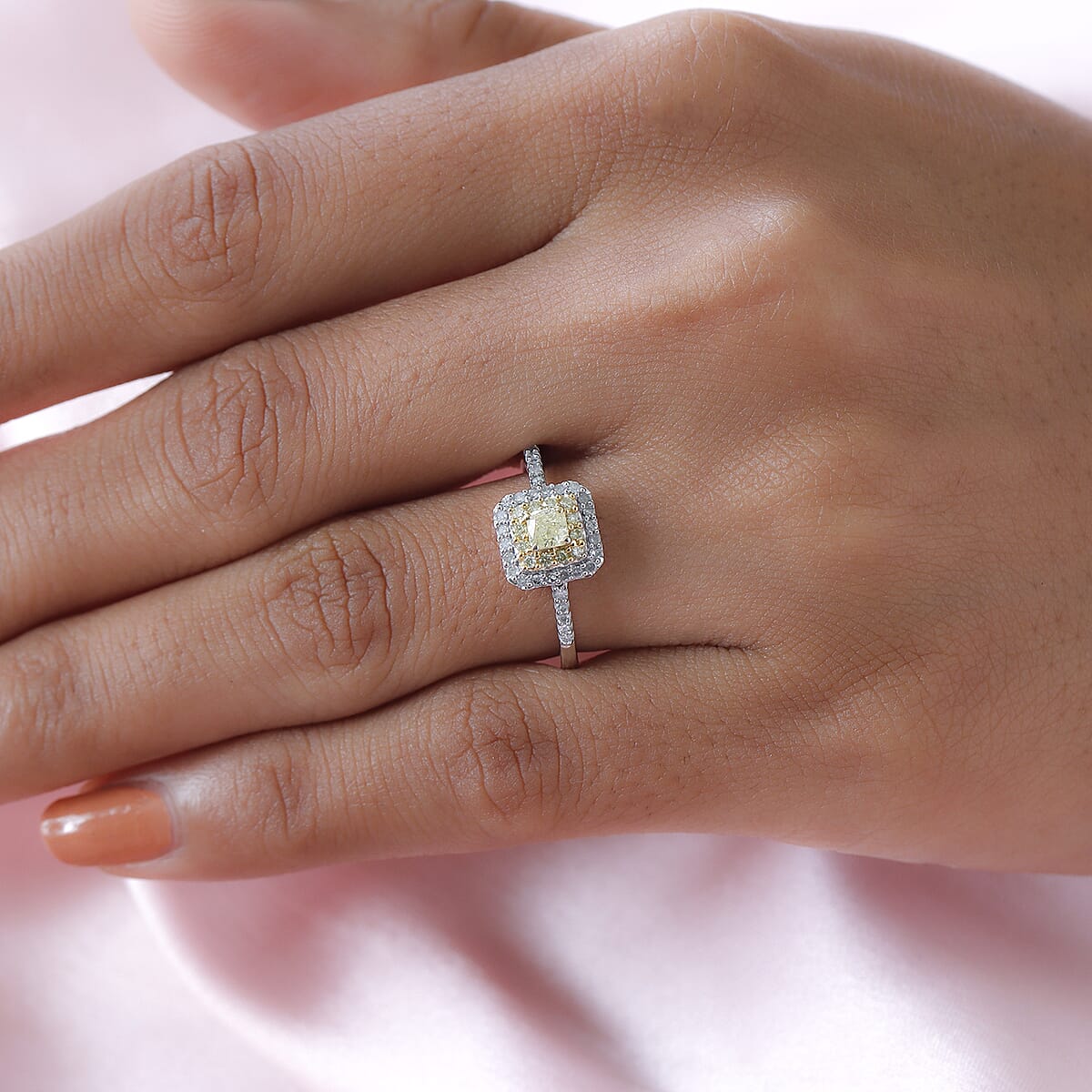 Luxoro 10K White Gold Natural Yellow and White Diamond I3 Double Halo Ring (Size 9.0) 0.50 ctw image number 2