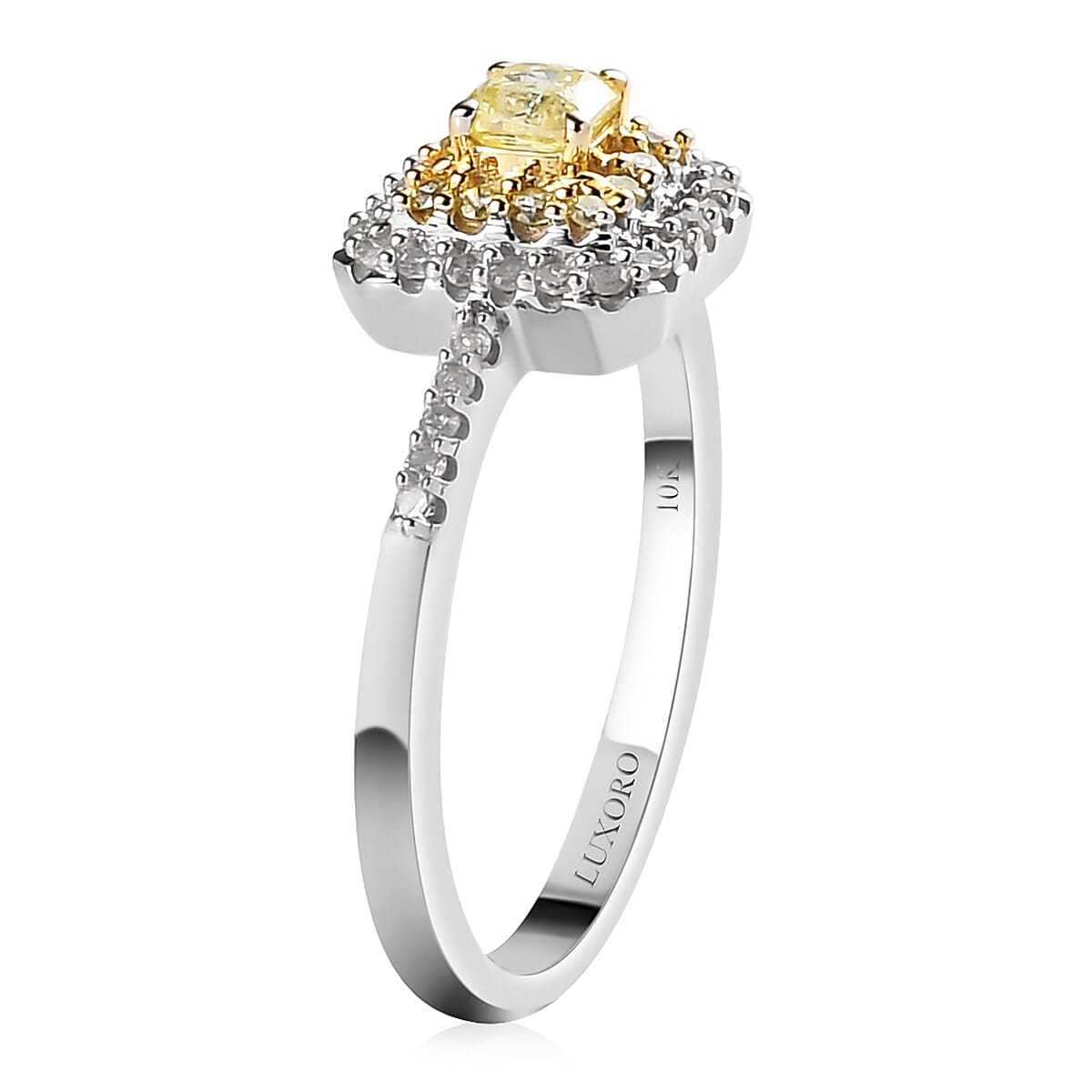 Luxoro 10K White Gold Natural Yellow and White Diamond I3 Double Halo Ring (Size 9.0) 0.50 ctw image number 3