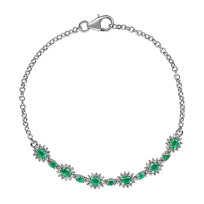 Boyaca Colombian Emerald and Natural White Zircon Paper Clip Chain Bracelet in Platinum Over Sterling Silver (6.50 In) 2.00 ctw