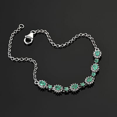 Boyaca Colombian Emerald and Natural White Zircon Paper Clip Chain Bracelet in Platinum Over Sterling Silver (6.50 In) 2.00 ctw