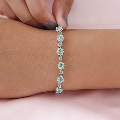 Boyaca Colombian Emerald and Natural White Zircon Paper Clip Chain Bracelet in Platinum Over Sterling Silver (6.50 In) 2.00 ctw