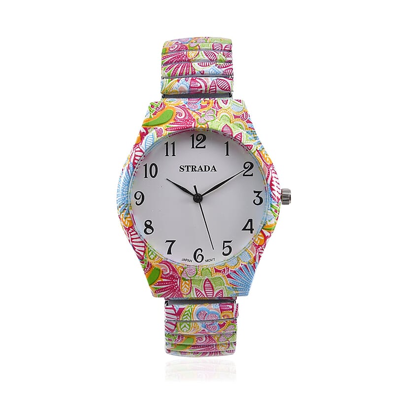 Strada Japanese Movement Water Resistant Flower Print Pattern Stretch Bracelet Watch in Stainless Steel Strap (48mm)