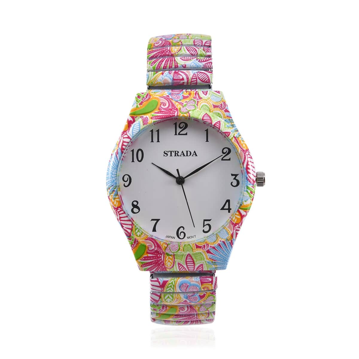 Strada Japanese Movement Water Resistant Flower Print Pattern Stretch Bracelet Watch in Stainless Steel Strap (48mm) image number 0