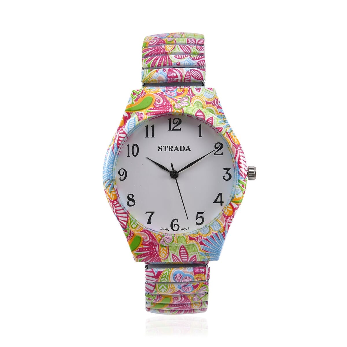 Strada Japanese Movement Water Resistant Flower Print Pattern Stretch Bracelet Watch in Stainless Steel Strap (48mm) image number 0