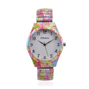 Strada Japanese Movement Water Resistant Flower Print Pattern Stretch Bracelet Watch in Stainless Steel Strap (48mm)