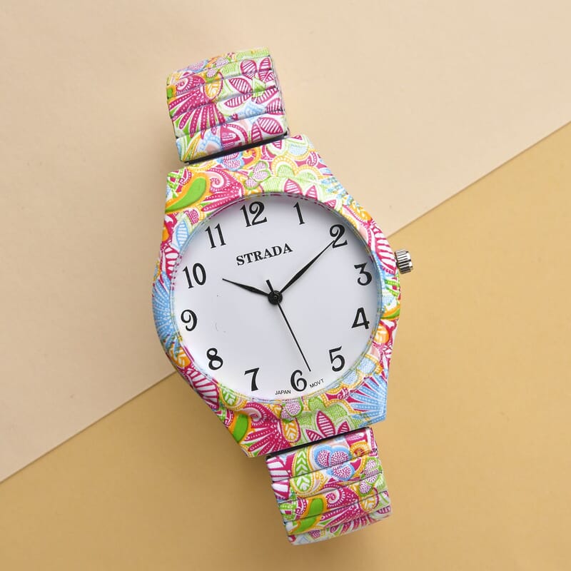 Strada Japanese Movement Water Resistant Flower Print Pattern Stretch Bracelet Watch in Stainless Steel Strap (48mm)
