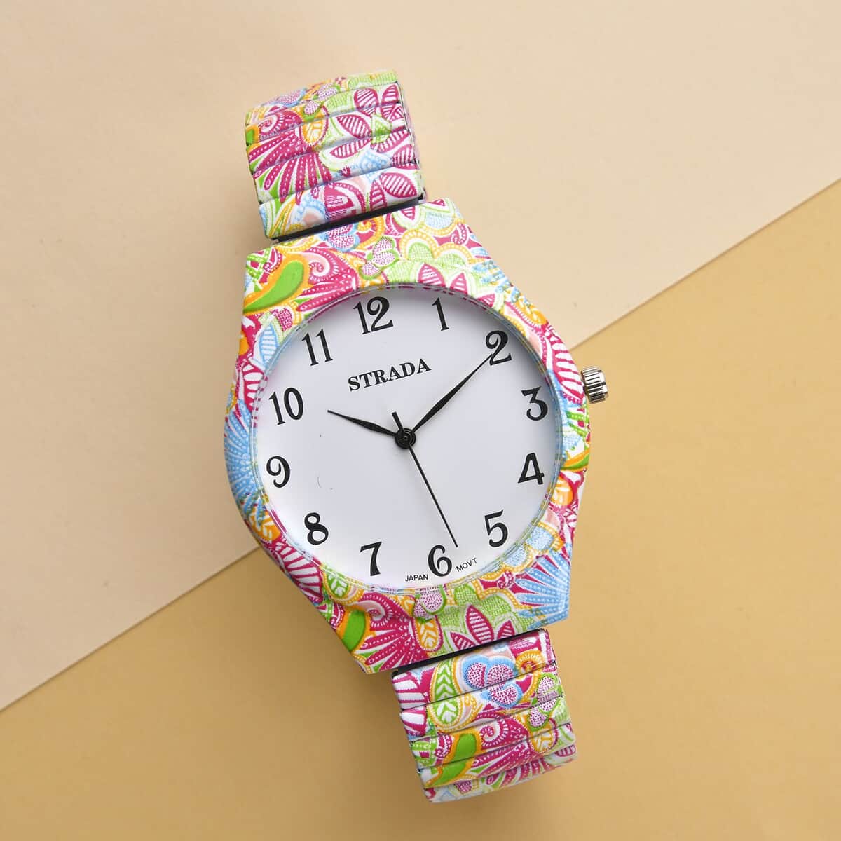 Strada Japanese Movement Water Resistant Flower Print Pattern Stretch Bracelet Watch in Stainless Steel Strap (48mm) image number 1