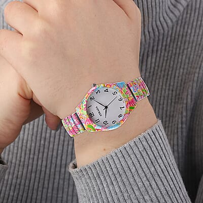 Strada Japanese Movement Water Resistant Flower Print Pattern Stretch Bracelet Watch in Stainless Steel Strap (48mm)