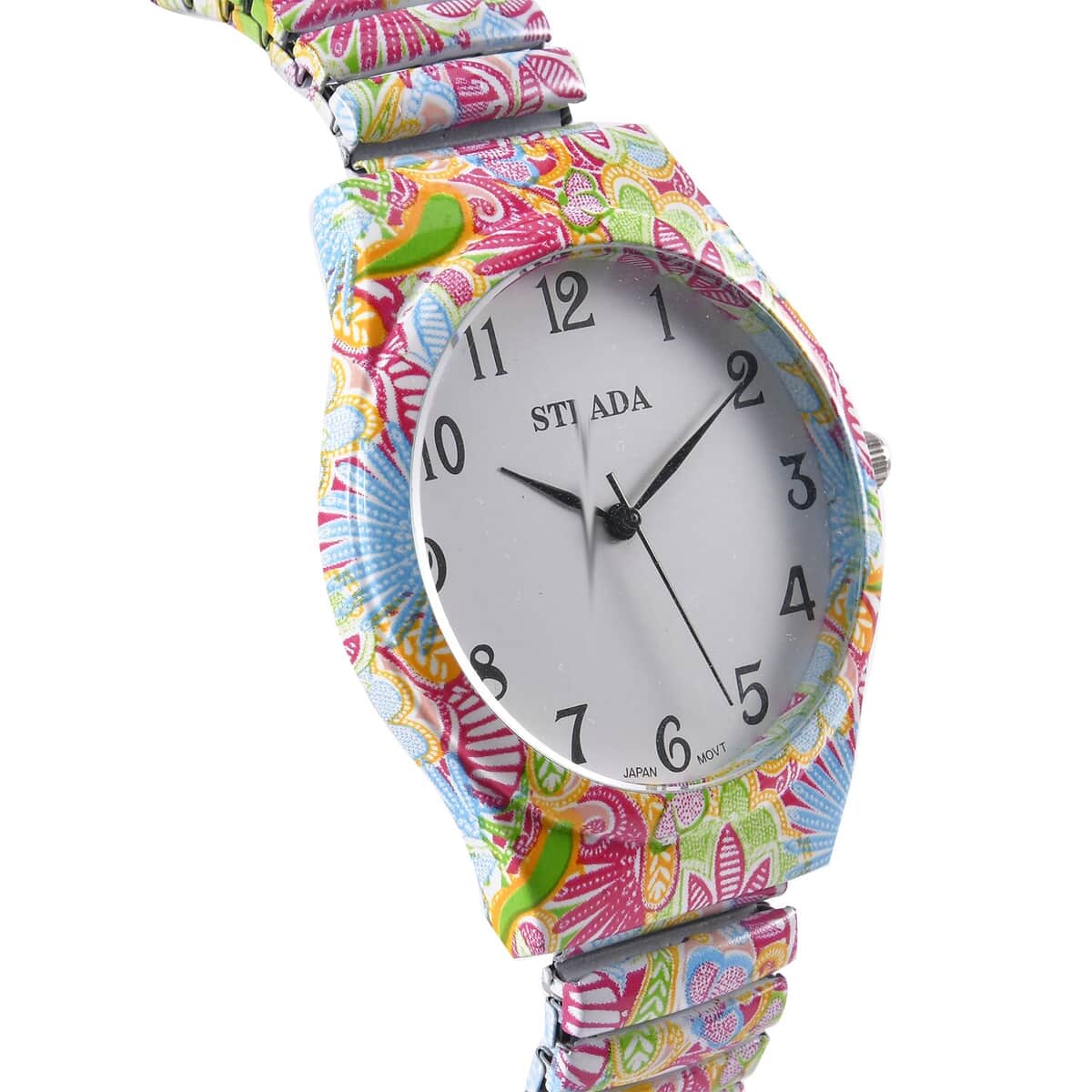 Strada Japanese Movement Water Resistant Flower Print Pattern Stretch Bracelet Watch in Stainless Steel Strap (48mm) image number 3