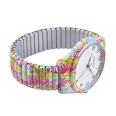 Strada Japanese Movement Water Resistant Flower Print Pattern Stretch Bracelet Watch in Stainless Steel Strap (48mm)