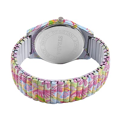 Strada Japanese Movement Water Resistant Flower Print Pattern Stretch Bracelet Watch in Stainless Steel Strap (48mm)