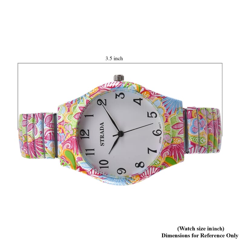 Strada Japanese Movement Water Resistant Flower Print Pattern Stretch Bracelet Watch in Stainless Steel Strap (48mm)