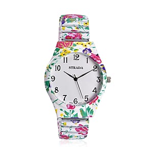 Strada Japanese Movement Water Resistant Flower Print Pattern Stretch Bracelet Watch in Stainless Steel Strap (48mm)