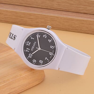 Strada Japanese Movement Black Dial Watch with White Silicone Strap (44mm) (5.50-7.50Inches)