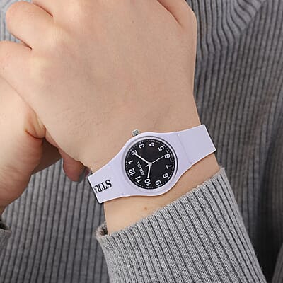 Strada Japanese Movement Black Dial Watch with White Silicone Strap (44mm) (5.50-7.50Inches)