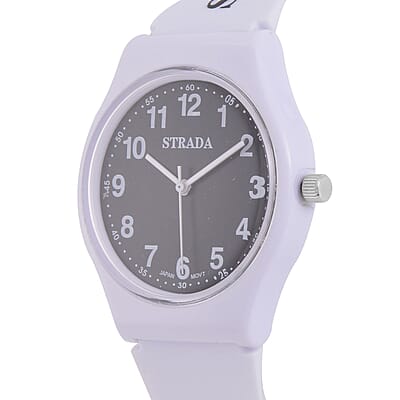 Strada Japanese Movement Black Dial Watch with White Silicone Strap (44mm) (5.50-7.50Inches)