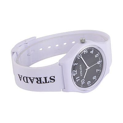 Strada Japanese Movement Black Dial Watch with White Silicone Strap (44mm) (5.50-7.50Inches)