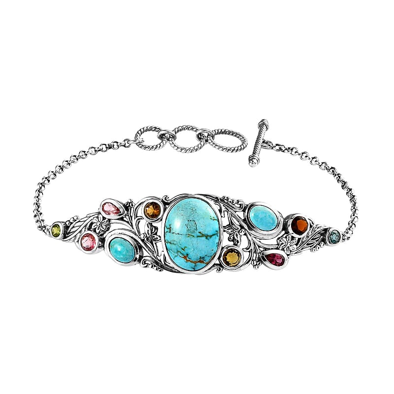 Artisan Crafted Sierra Nevada Turquoise and Multi-Tourmaline Toggle Clasp Bracelet in Sterling Silver (6.50-8.0In) 12.00 ctw