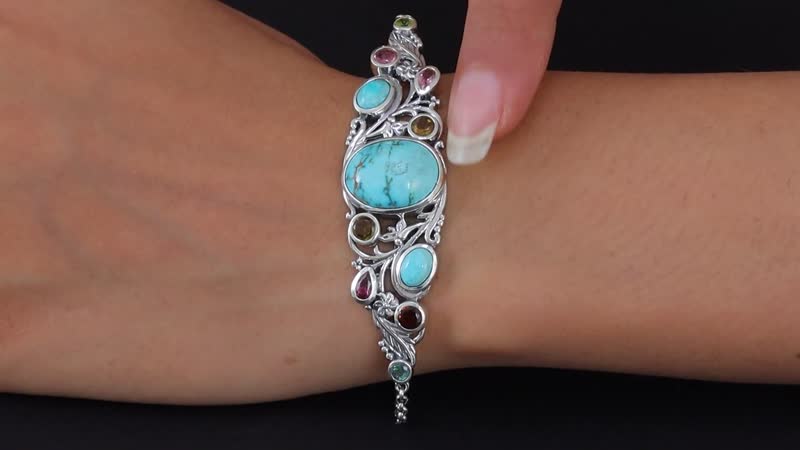 Artisan Crafted Sierra Nevada Turquoise, Multi-Tourmaline Toggle Clasp Bracelet in Sterling Silver (6.50-8.0In) 12.00 ctw