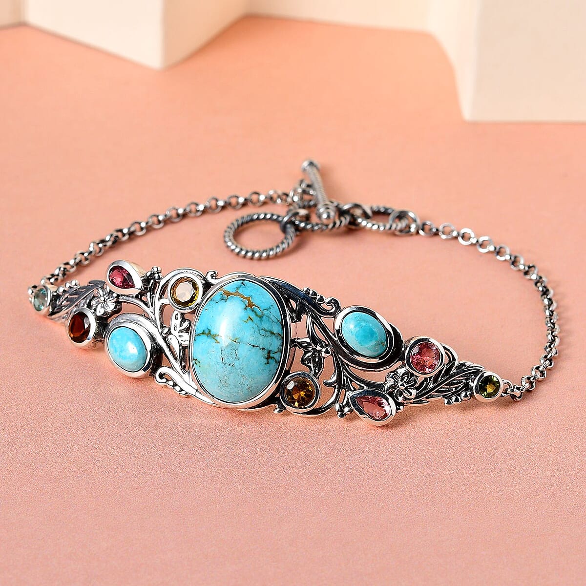 Artisan Crafted Sierra Nevada Turquoise, Multi-Tourmaline Toggle Clasp Bracelet in Sterling Silver (6.50-8.0In) 12.00 ctw image number 1