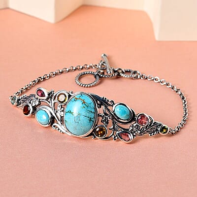Artisan Crafted Sierra Nevada Turquoise and Multi-Tourmaline Toggle Clasp Bracelet in Sterling Silver (6.50-8.0In) 12.00 ctw
