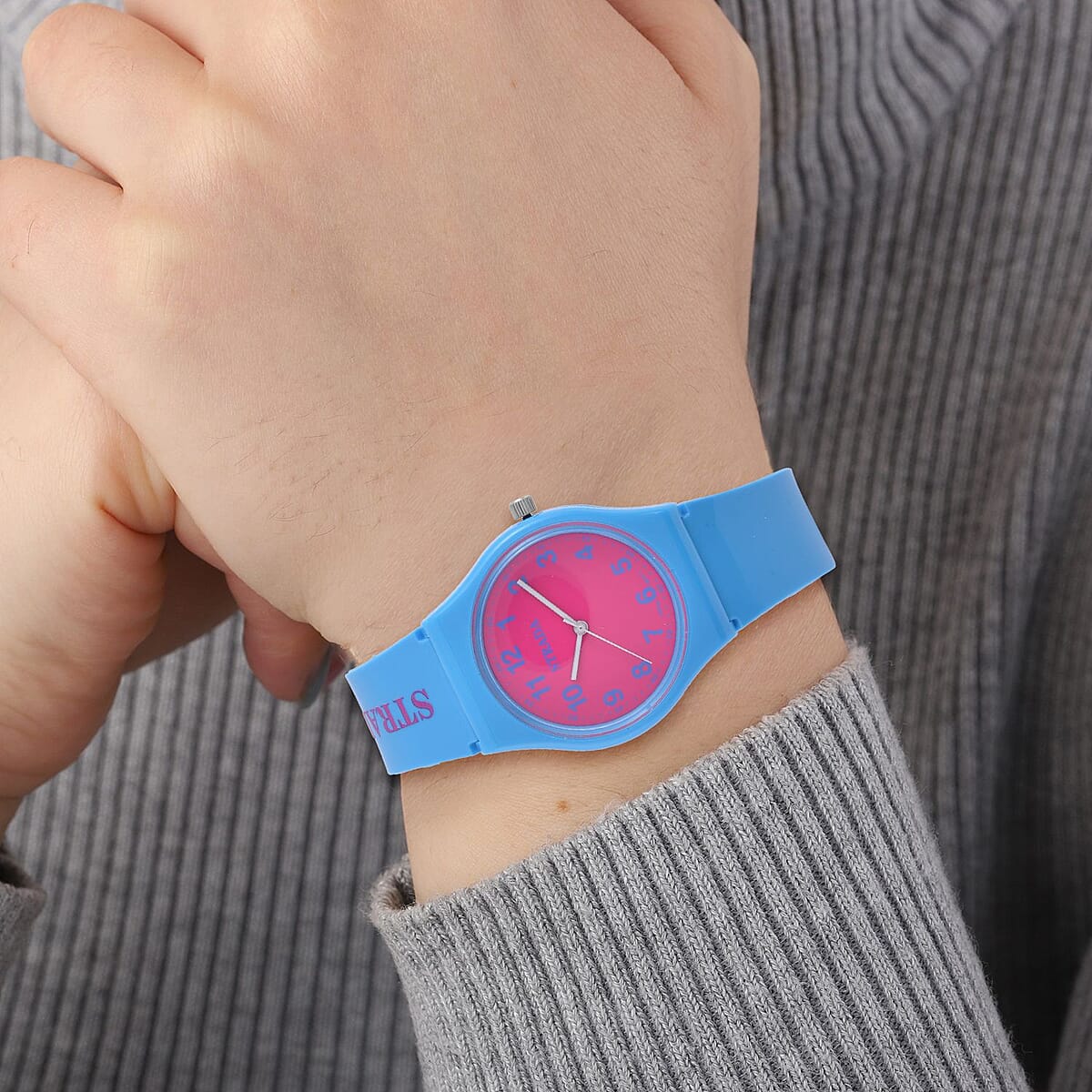 Strada Japanese Movement Fuchsia Dial Watch with Bright Blue Silicone Strap (44mm) (5.50-7.50Inches) image number 2