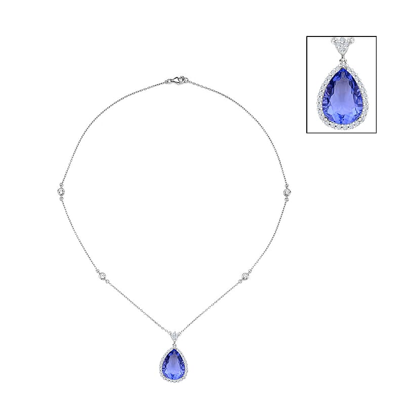 Fluorite With White Zircon Halo Necklace in Sterling Silver, Halo Pendant Necklace For Women, Bridal Jewelry 18 Inches