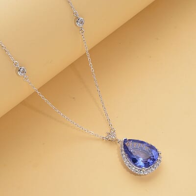 Fluorite With White Zircon Halo Necklace in Sterling Silver, Halo Pendant Necklace For Women, Bridal Jewelry 18 Inches