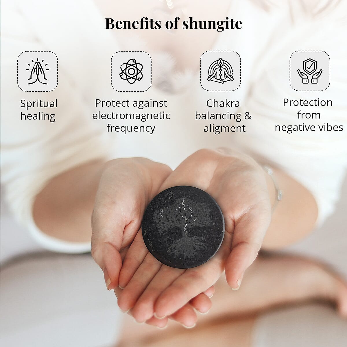 Shungite Tree of Life Engraved Round Cellphone Tile, Decorative Black Mineral Tile for Mobile Phones 1.25 Approx. 35ctw image number 1