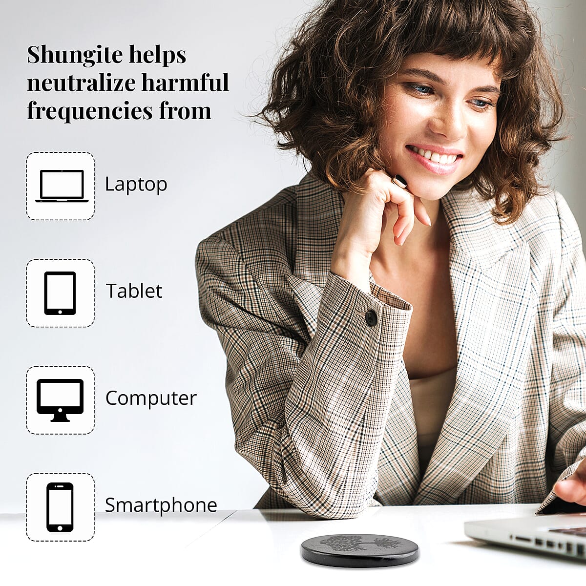 Shungite Tree of Life Engraved Round Cellphone Tile, Decorative Black Mineral Tile for Mobile Phones 1.25 Approx. 35ctw image number 2