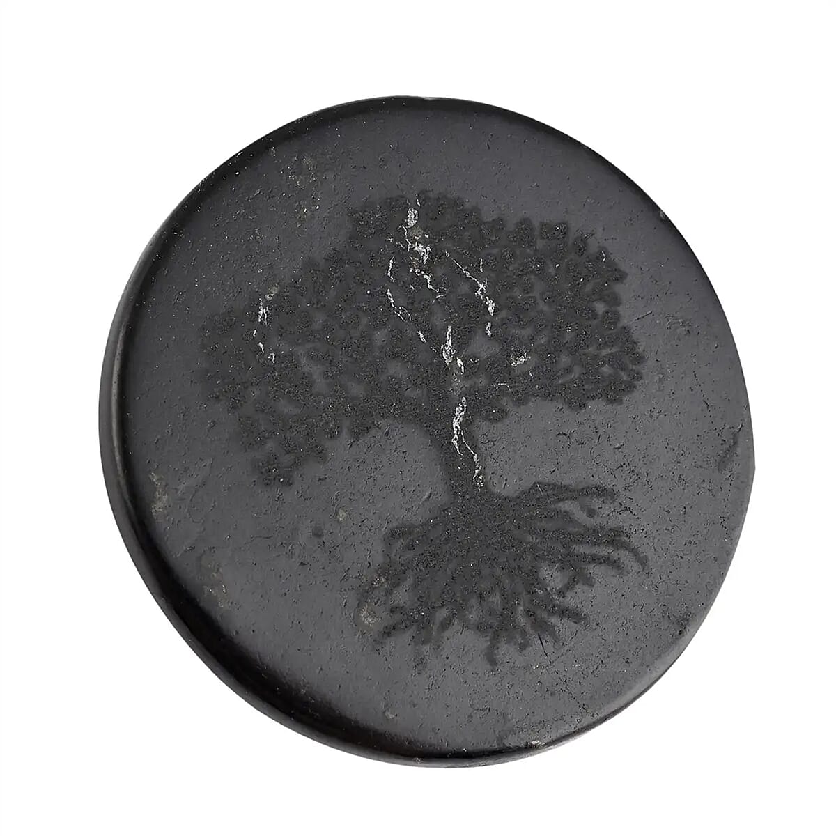 Shungite Tree of Life Engraved Round Cellphone Tile, Decorative Black Mineral Tile for Mobile Phones 1.25 Approx. 35ctw image number 3