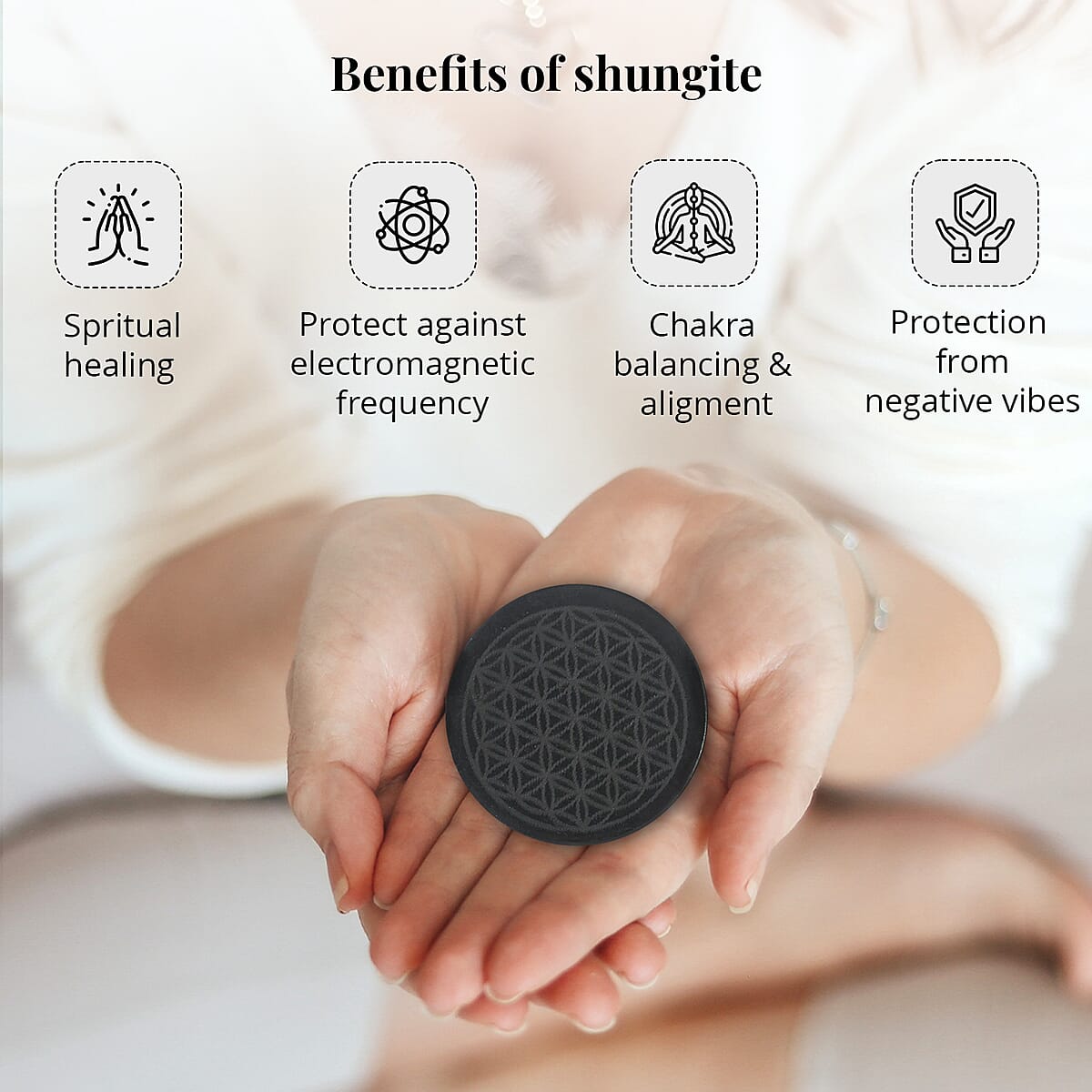 Shungite Flower of Life Engraved Round Cellphone Tile, Decorative Black Mineral Tile for Mobile Phones 1.25 Approx. 35ctw image number 1